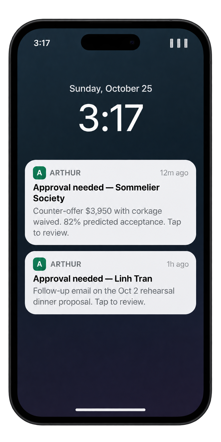 Arthur event approval notifications displayed on a clean phone mockup.